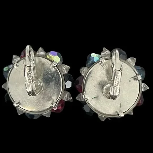 Signed Laguna AB Crystal Beaded Clip On Earrings Silver Tone Vintage Estate